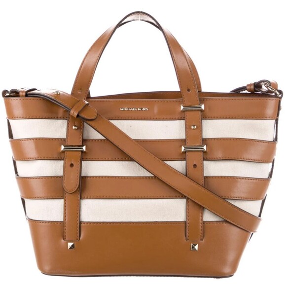 DESIGNER MICHAEL KORS CANVAS LEATHER TRIM STRIPED GOLD TONE HARDWARE TOTE - Picture 13 of 13